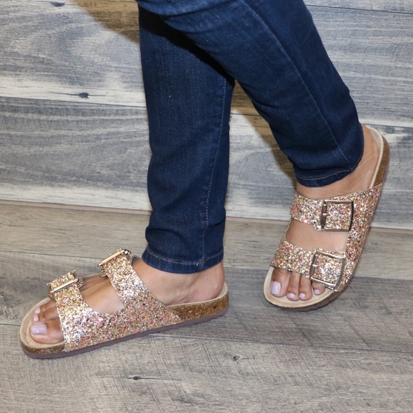 Gold Glitter double strap footbed slider sandal - Picture 6 of 7